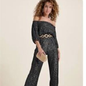 Venus Sequin Elegant Black Off-Shoulder Jumpsuit